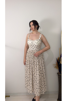 MODA Puantiyeli Tül Detaylı Astarlı Askılı Midi boy Elbise