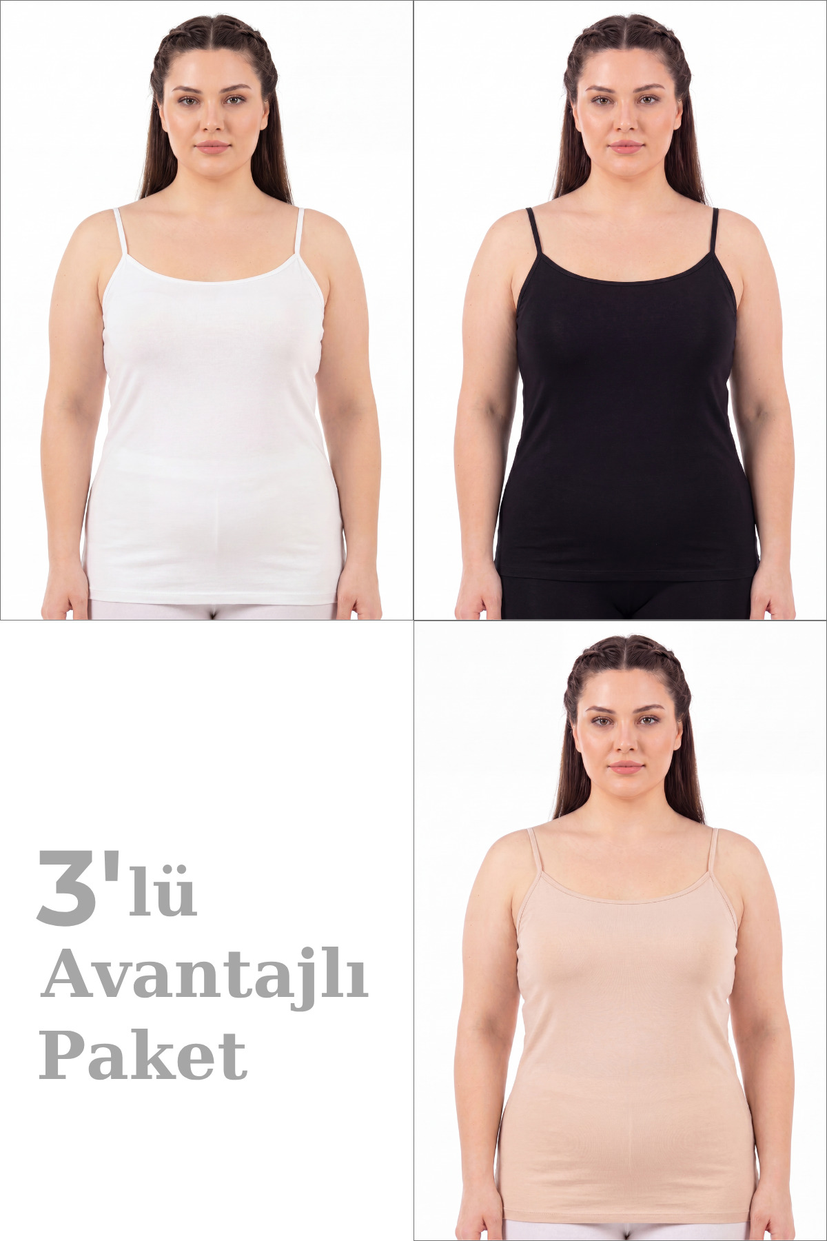 Arma Yıldız Kadın Büyük Beden İp Askılı Atlet Pamuklu Likralı Yumuşak Esnek Kumaş 3'lü Paket