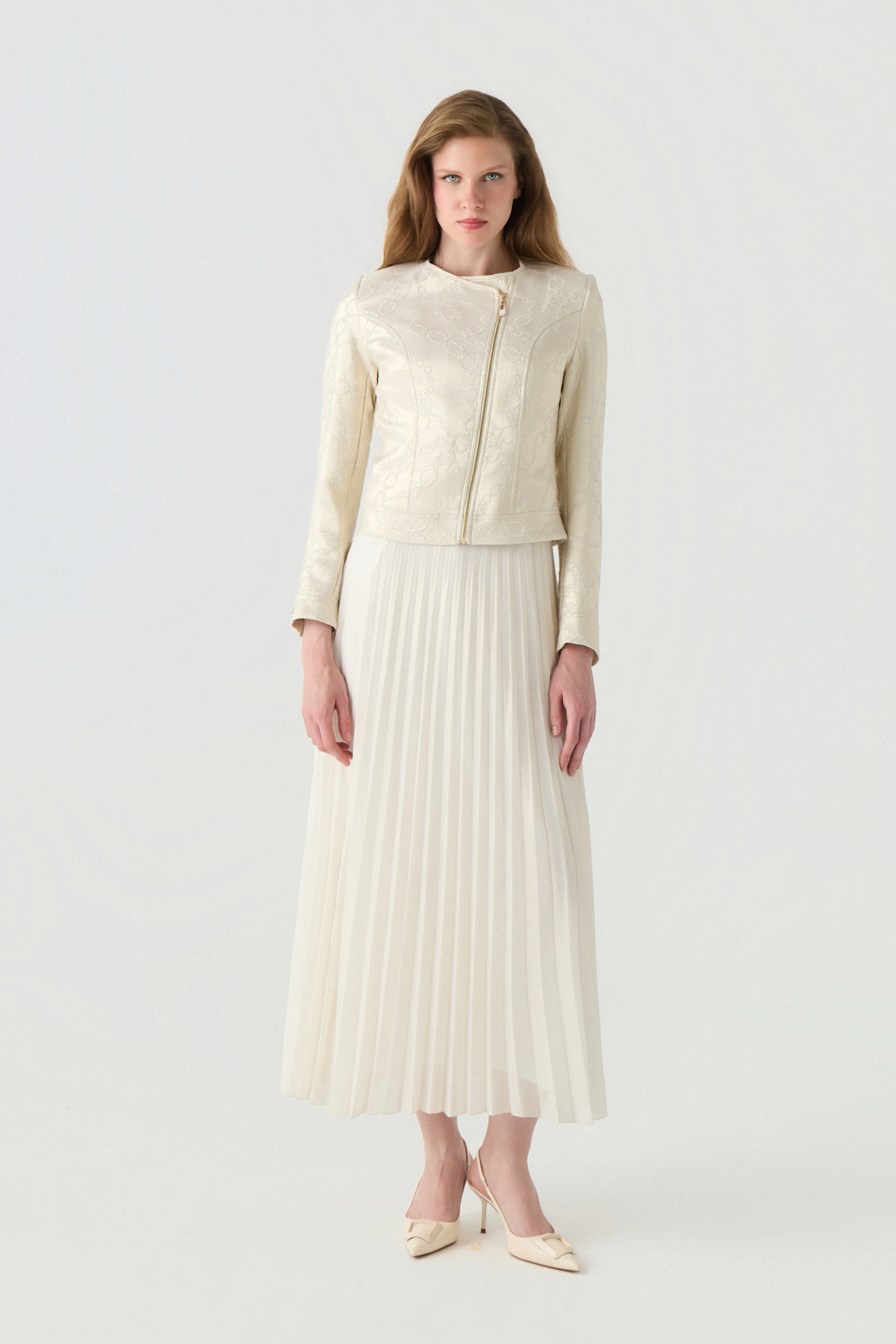 Zühre Asymmetric Zippered Lace Textured Pleated Gold Suit 1780