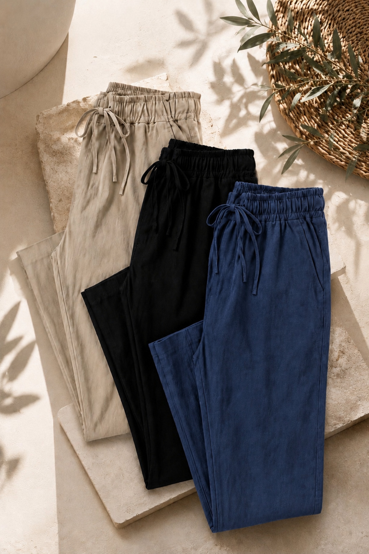 COMBİNE MİCHAİL Men's 3-Piece Loose Linen Trousers with Elastic Waist