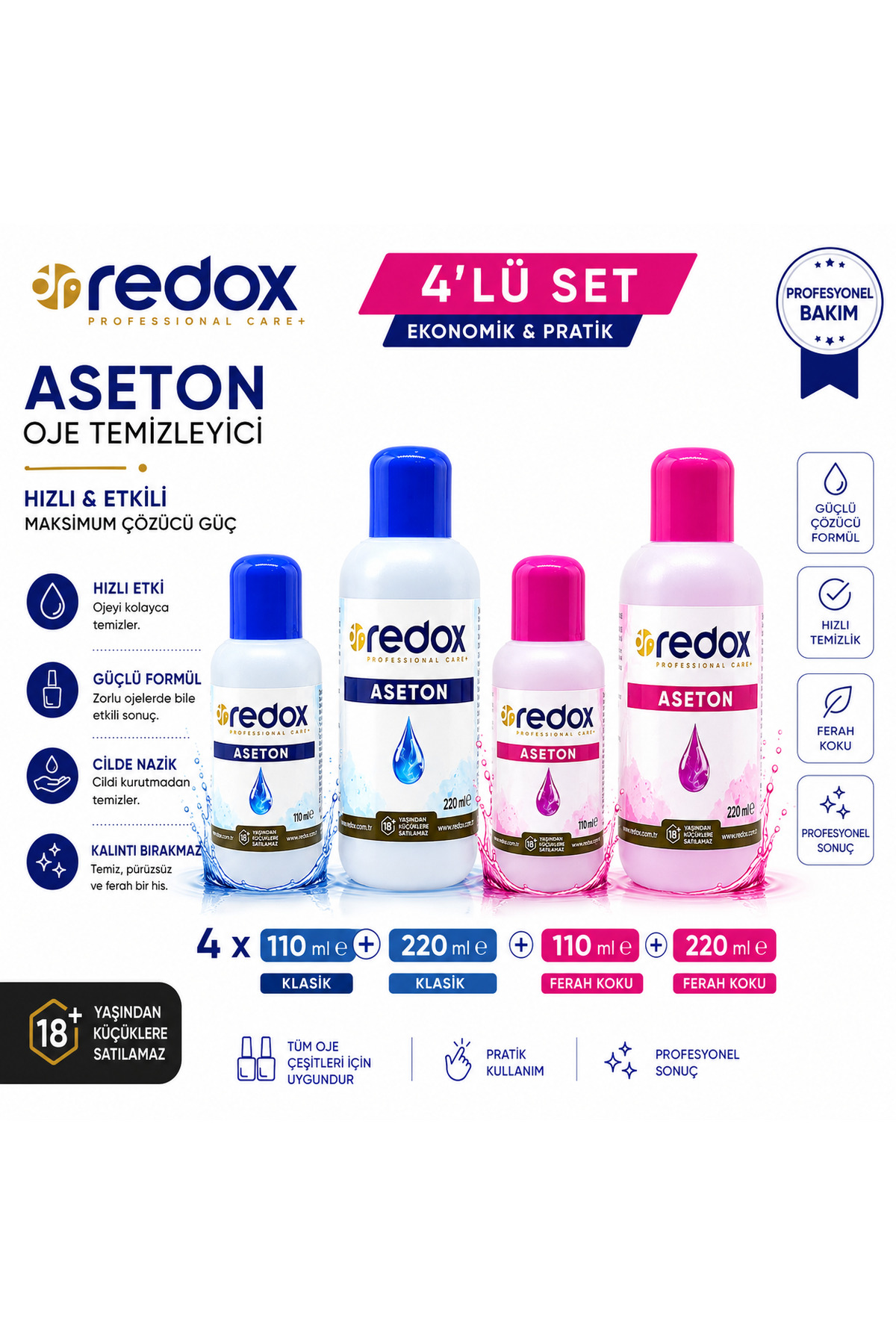 Aseton Oje Temizleyici 4'lü Set 110 ml ve 220 ml Klasik & Ferah Kokulu — drredox110*3