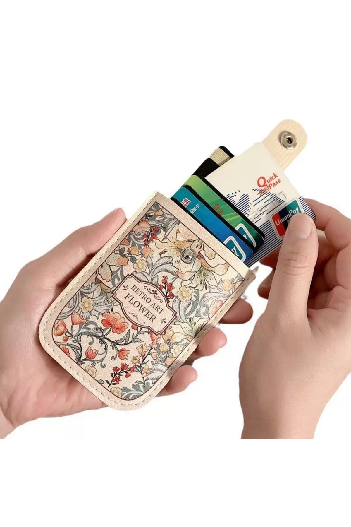 Darian Retro Çiçek Desenli Çekmeli Mekanizmalı Kartlık Cüzdan - Kadın Pratik Mini Kredi Kartlık Cüzdanı Çıtçıtlı görsel 2