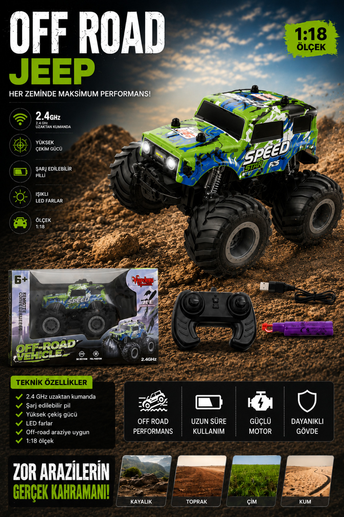 kosetoys Uzaktan Kumandalı Araba Off Road 2.4 Ghz Işıklı Şarj