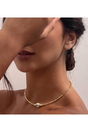 MonCheriAccessoire 14K Altın Kaplama Tek Nazar Boncuklu Kolye