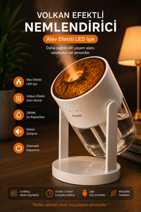 Ryan Volkan Efektli Nemlendirici 280 ML Alev Efektli LED Gece Lambası Sessiz ...