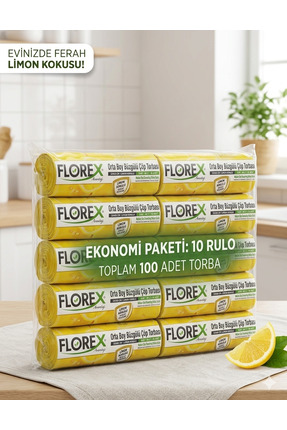 Florex Limon Kokulu Büzgülü Çöp Torbası Orta Boy 55x60 cm (10'lu Avantaj Seti)