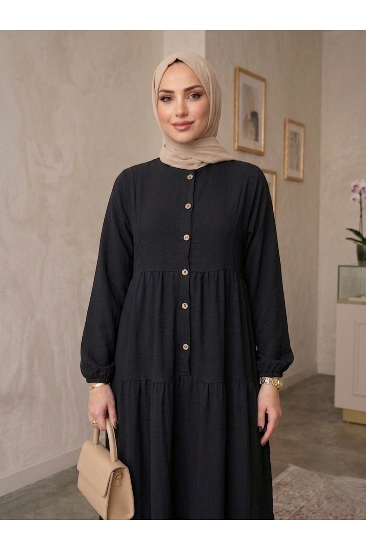 ECEYLÜL MODA %100 Pamuk Önü Düğmeli Siyah Salaş Bol Kesim Kat Kat Uzun Tesettür Elbise görsel 2