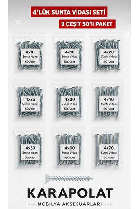 KARAPOLAT Ağaç – Mobilya – Sunta Uyumlu 4 mm Vida Seti / 450 Adet / 9 Boy (16...
