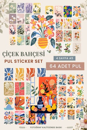 Mişomi Atölye Çiçek Bahçesi Pul Sticker Seti | 64 Adet Pul Sticker | Scrapboo...