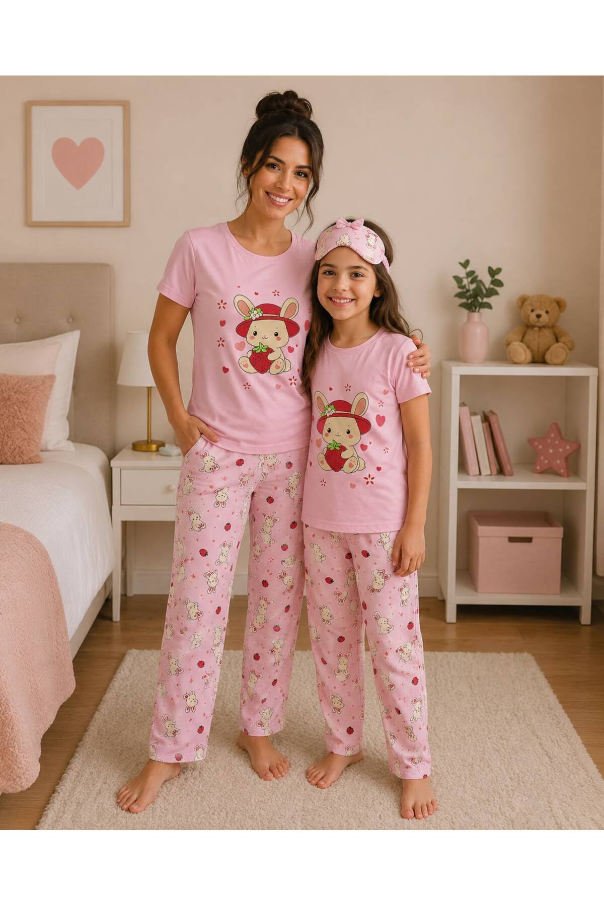 Pajama Shop Mother-Daughter Cotton Milan Fabric Pink Rabbit Heart Pattern Short Sleeve Summer Pajama Set