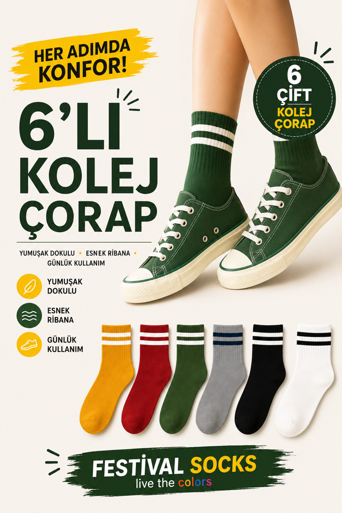 Festival Socks 6 Çift Çizgili Renkli Kolej Spor Çorap Seti Tenis çorap 6 Çift