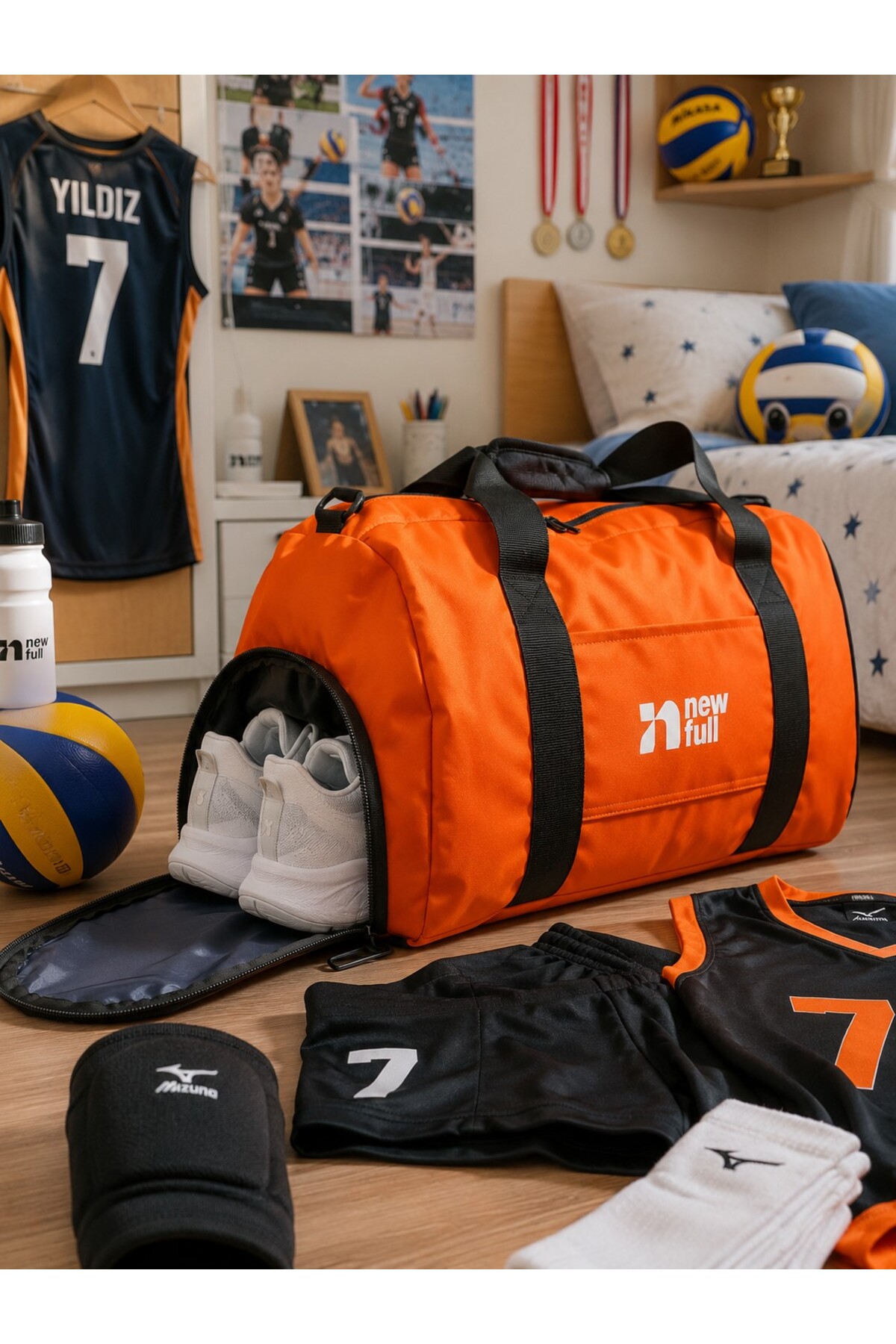 NEWFULL SPORT AYAKKABI BÖLMELİ ASTARLI SU GEÇİRMEZ SEYAHAT VE SPOR ÇANTASI-ORTA BOY görsel 2