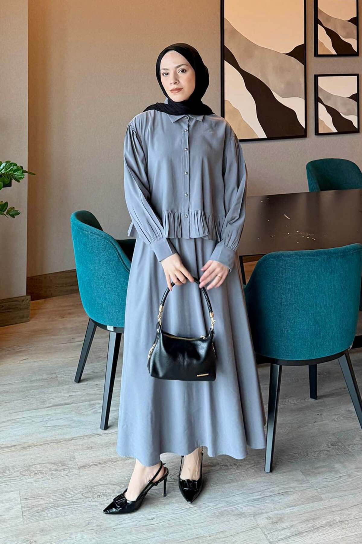 Lamelif Anthracite Gathered Detailed Skirt Suit