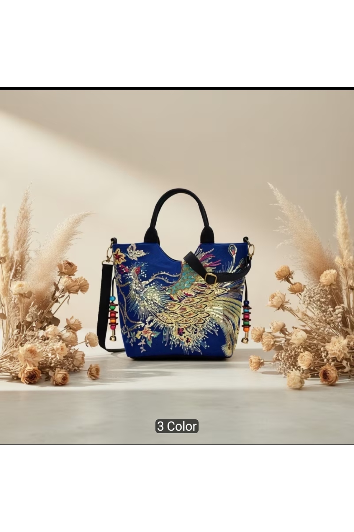 Z1 Home Trend Tavus Kuşu İşlemeli Büryük Kapasiteli Omuz Askısı Crossbody Retro Tuval Omuz Çantası görsel 2