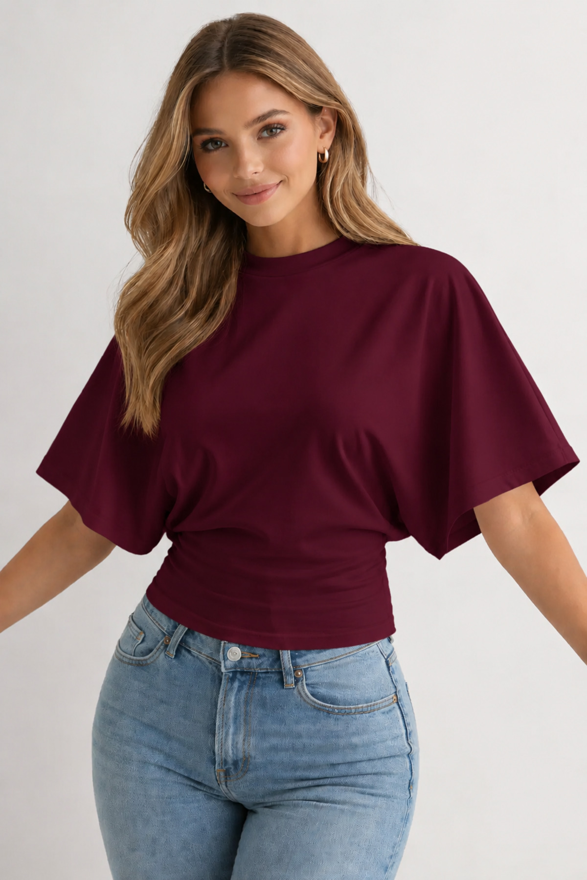 ELMODA Women's Viscose Fabric Bat Sleeve Waist-Fitted Bordeaux Blouse