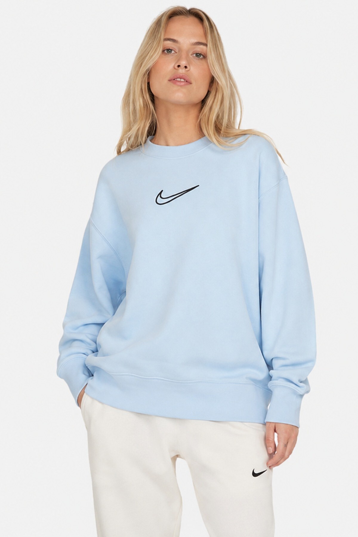 سویشرت گشاد Swoosh مدل Phoenix سایز بزرگ، یقه گرد برس خورده، آبی نایکی سویشرت اسپرت Nike