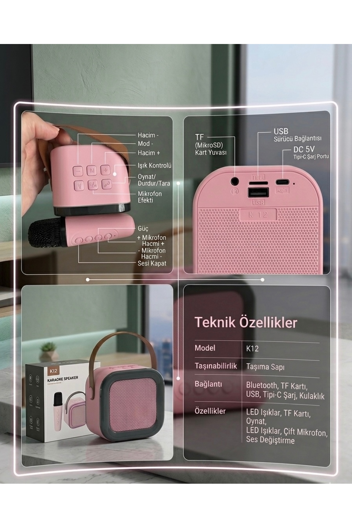 K12 Rgb Işıklı Karaoke Bluetooth Hoparlör ve Mikrofon Seti | Taşınabilir Renkli Karaoke Sistemi