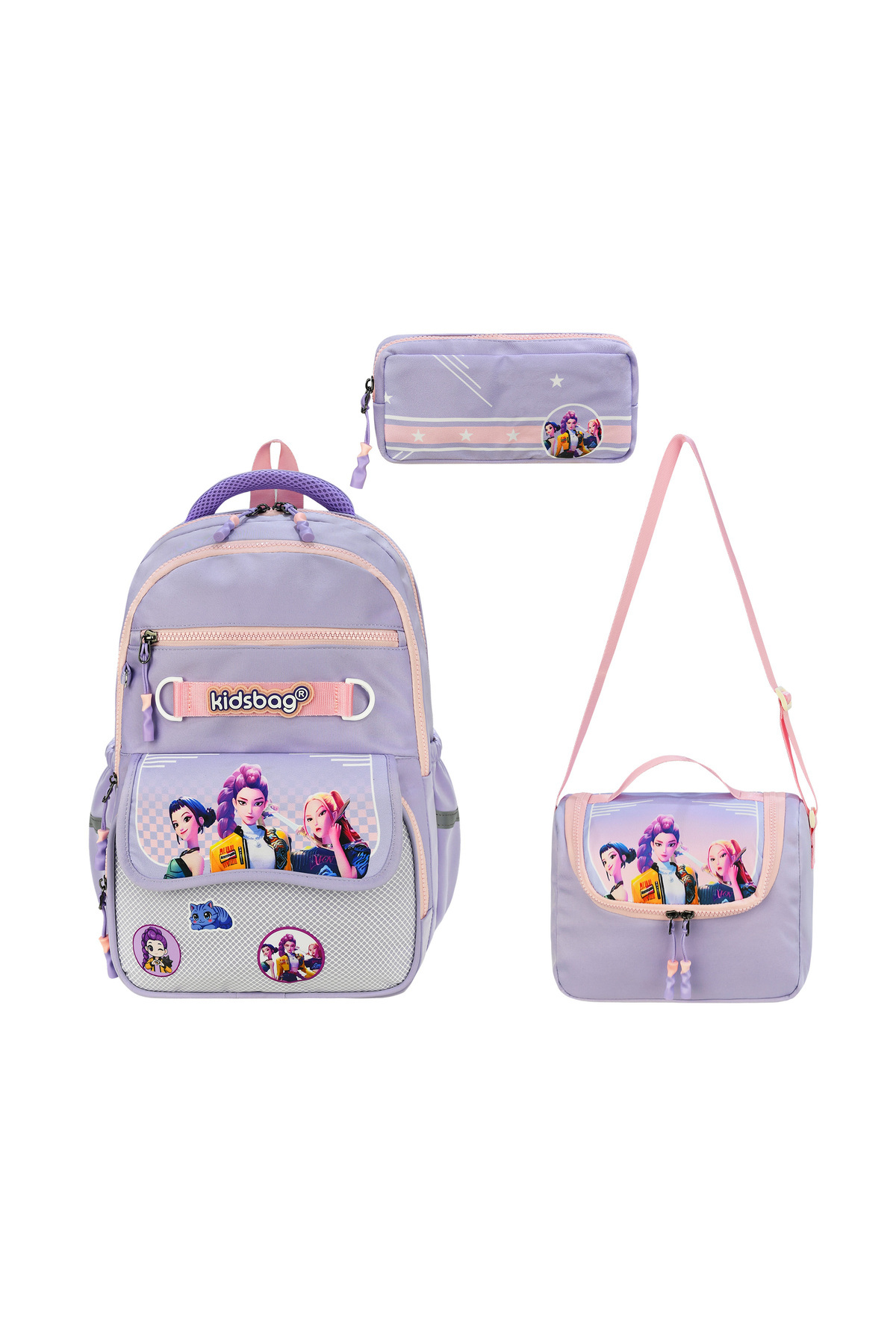SippoTrade K-Pop Character Set of 3 Primary School Bags, Thermal Lunch Bag and Pencil Case Set