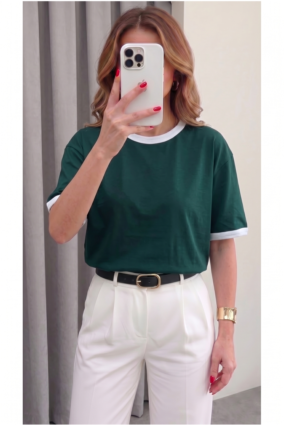 Women's Nefti Green White Piping Garnish Medium Thick Soft Fabric Crew Neck Half Oversize Loose T-shirt
