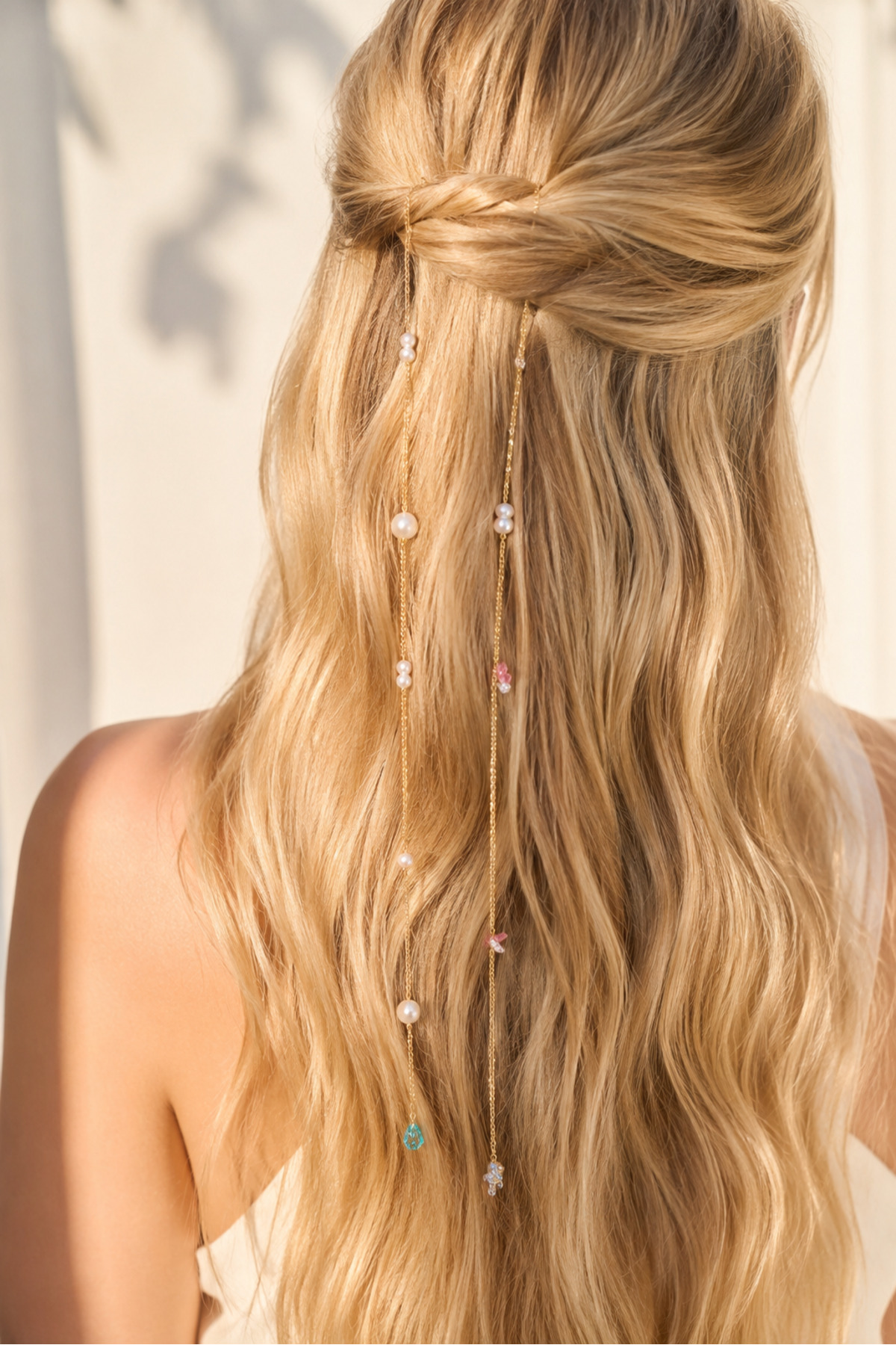 Pearl Detailed Gold Hair Chain Bohemian Bridal Festival Women Hair Accessories with Latch