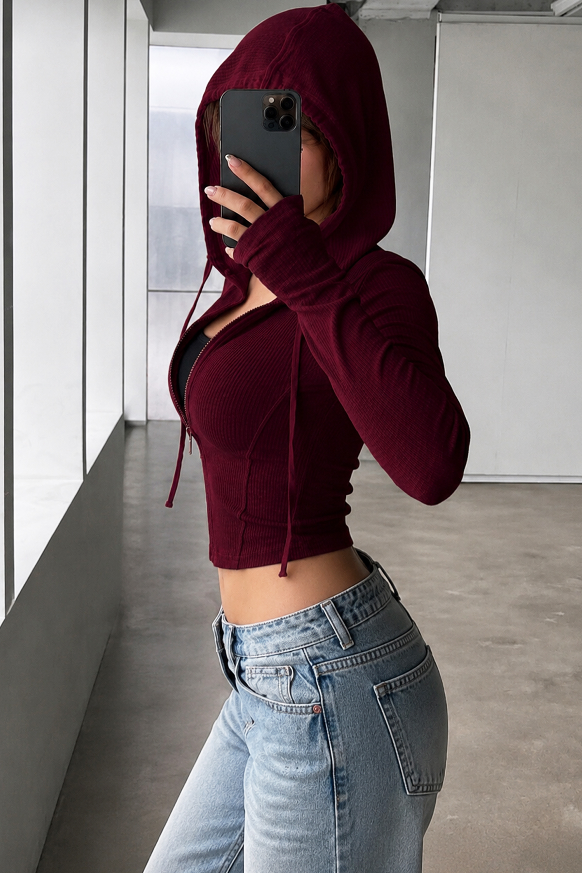 İlayda Toprak Rolly Bordo Fitilli Kumaş Likralı Fermuarlı Slim Fit Kapüşonlu Soft Esnek Uzun Kollu Bluz görsel 6