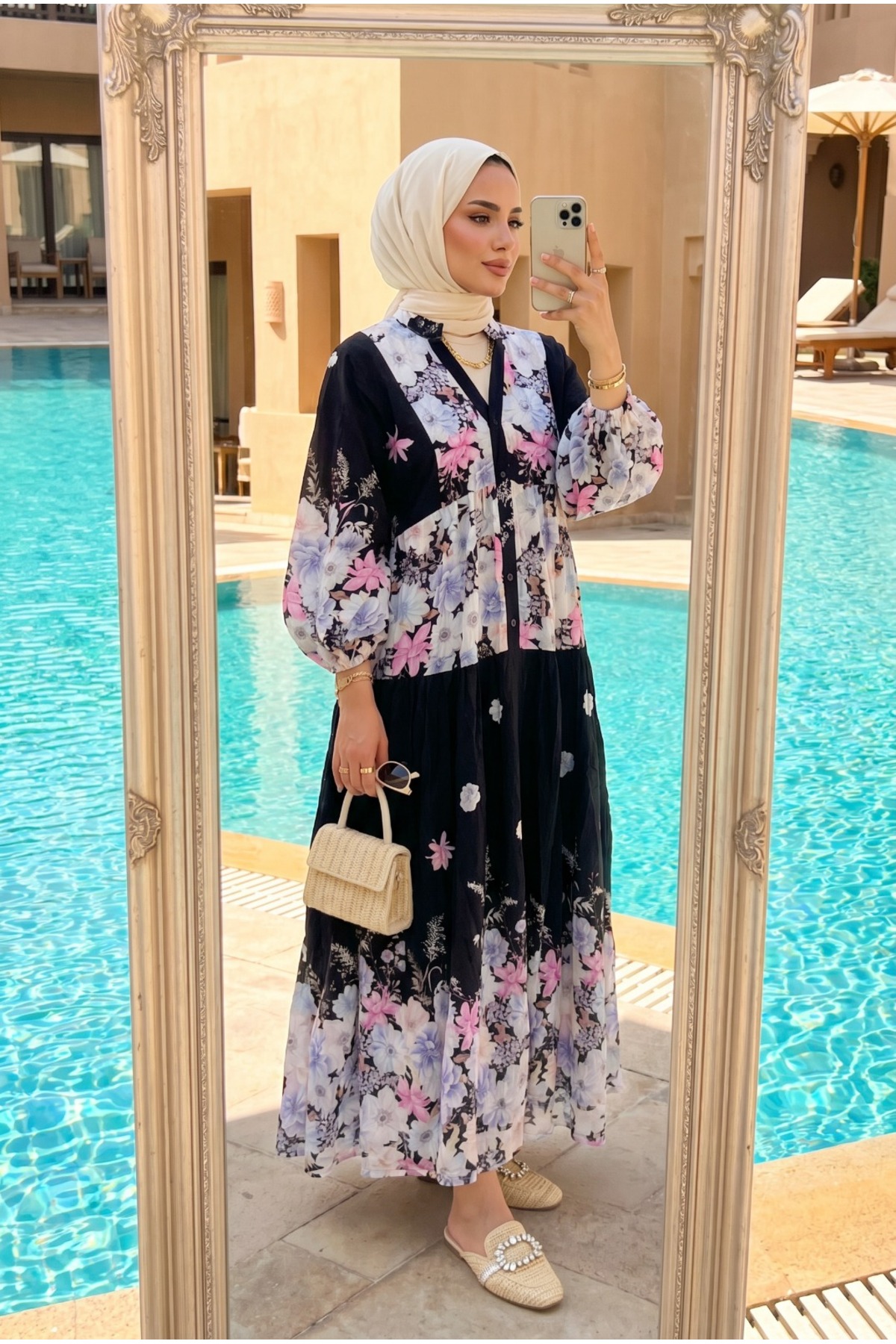 Women's Luxury Floral Pattern Layered Modest Dress – Elegant and Spacious Summer Style (no LINING)