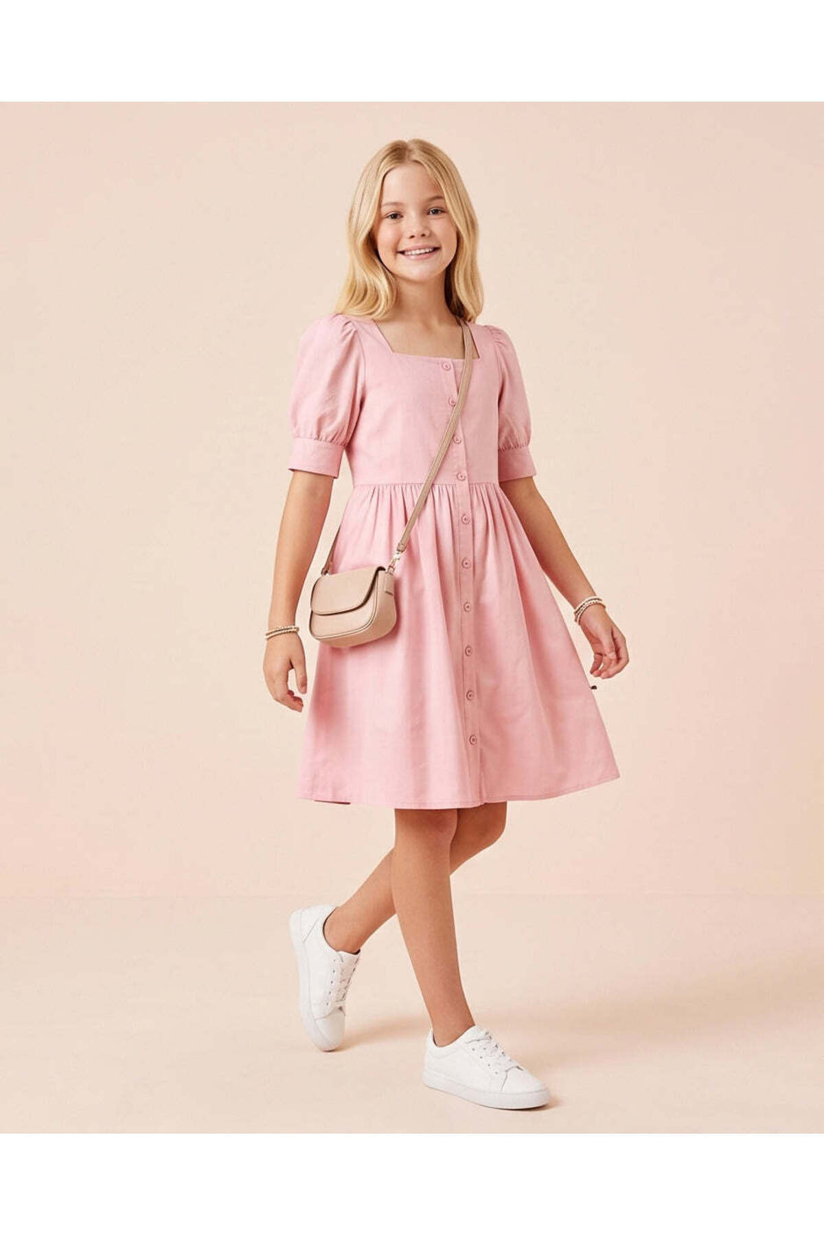 REDTAG Girls Senior Light Pink Poplin Dress