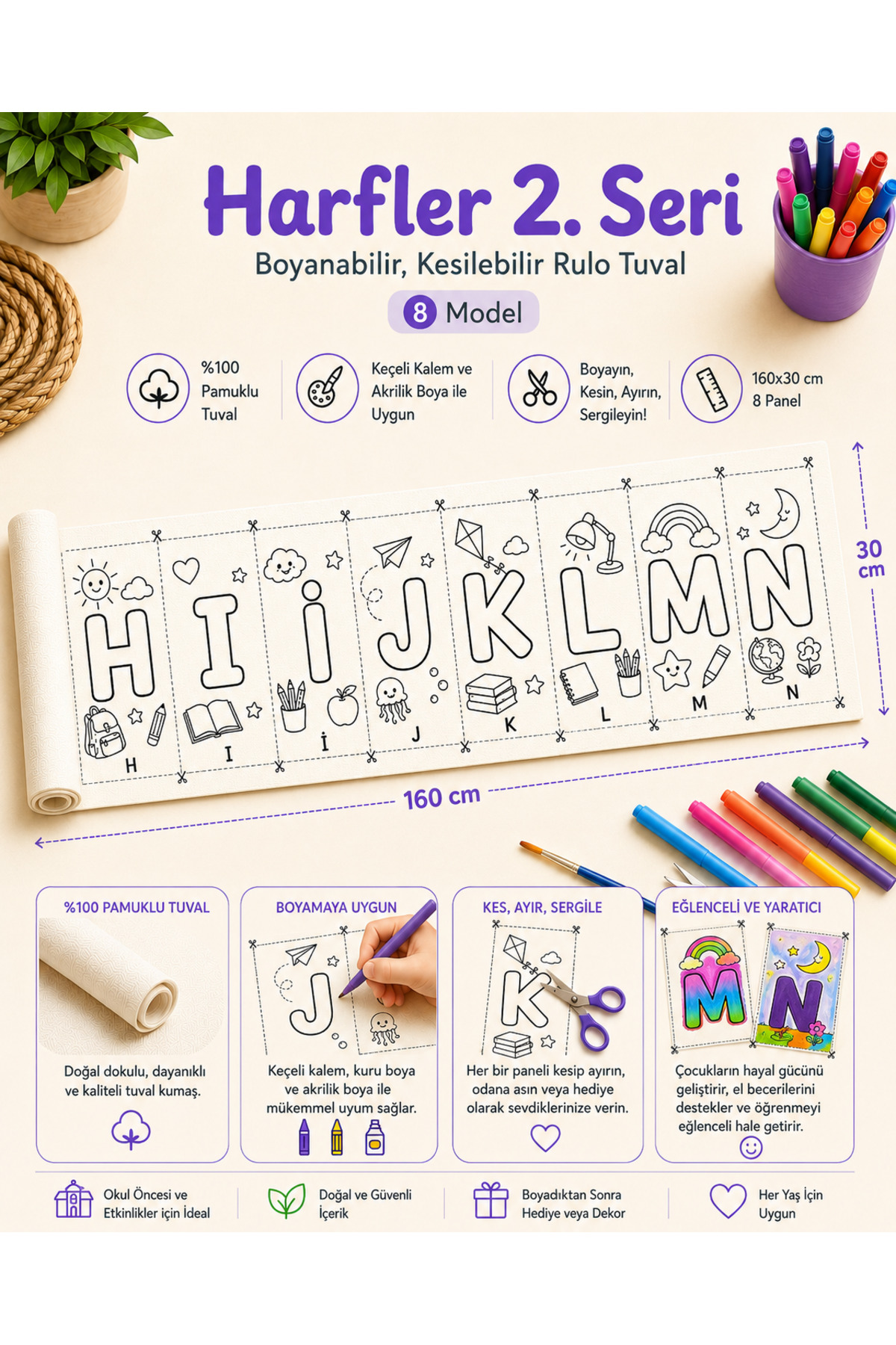 Boyanabilir Kesilebilir Rulo Tuval Harfler 2 Seri 8 Model Alfabe Boyama Seti 160x30 cm