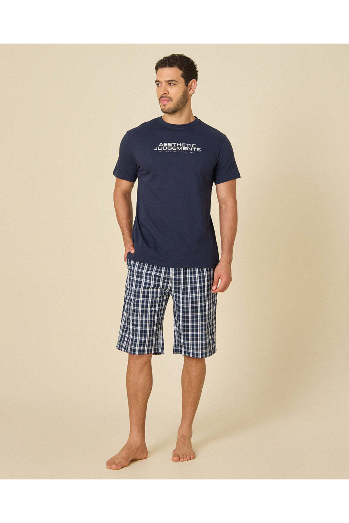 REDTAG Men Navy Checkered 2 Piece Pyjama Set