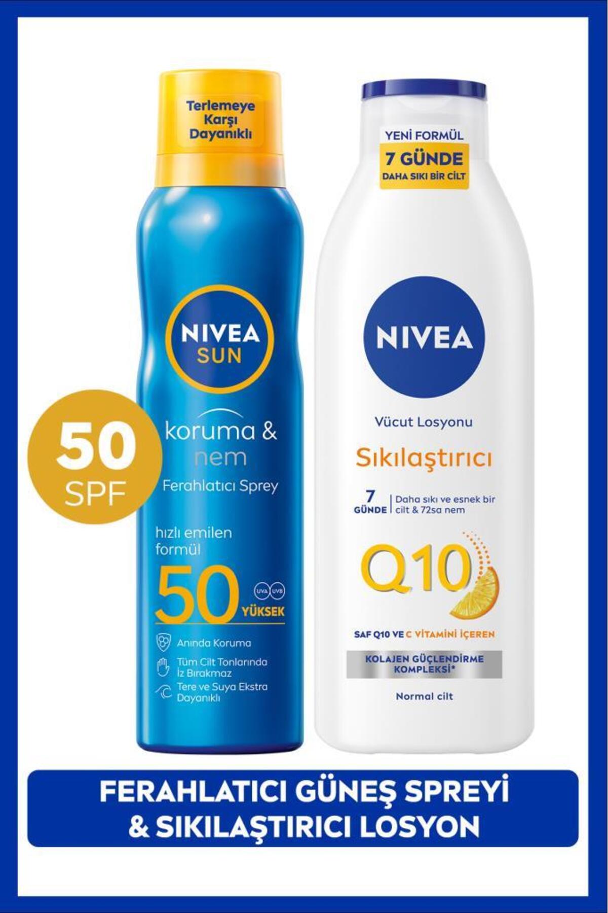 NIVEA SUN SPF50 Güneş Koruyucu Ferahlatıcı Sprey 200ml ve Q10 7 Günde Sıkılaştırıcı Vücut Losyonu 250ml — SET.NVE.1423