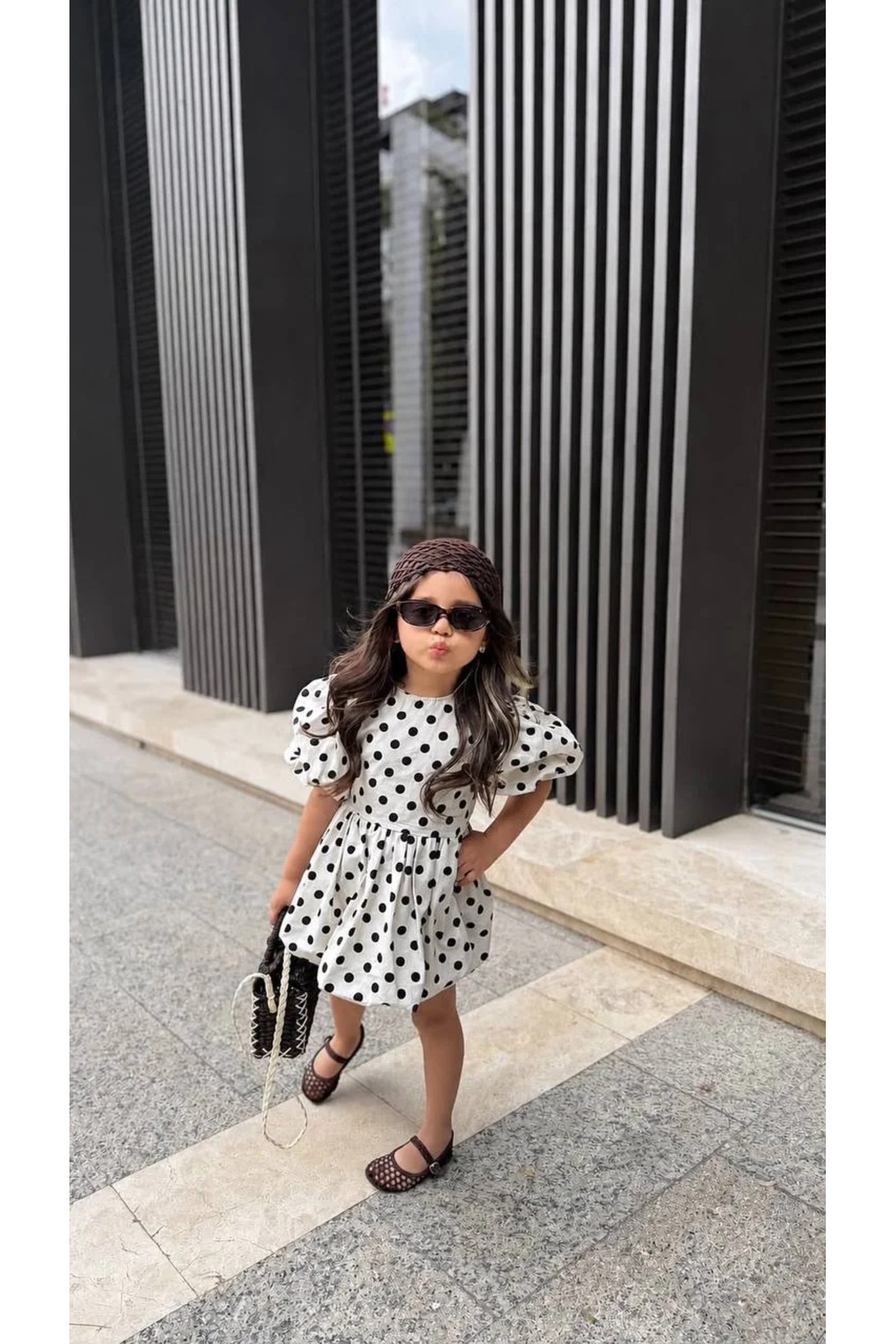Little Ya Ya Love Kız Çocuk Siyah Beyaz Puantiye Desen Sırt Detay Mini Poplin Elbise