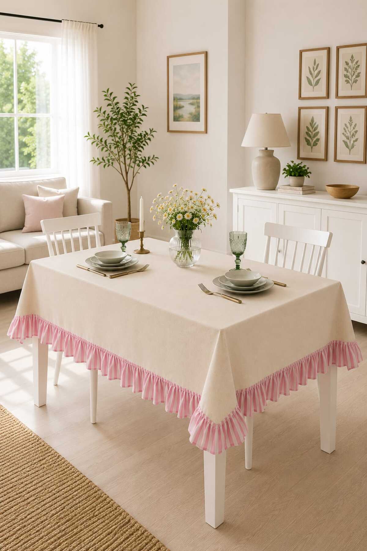 Double Color Ruffled Beige Natural Vintage - Soft Linen Series Kitchen Living Room Tablecloth- Dowry
