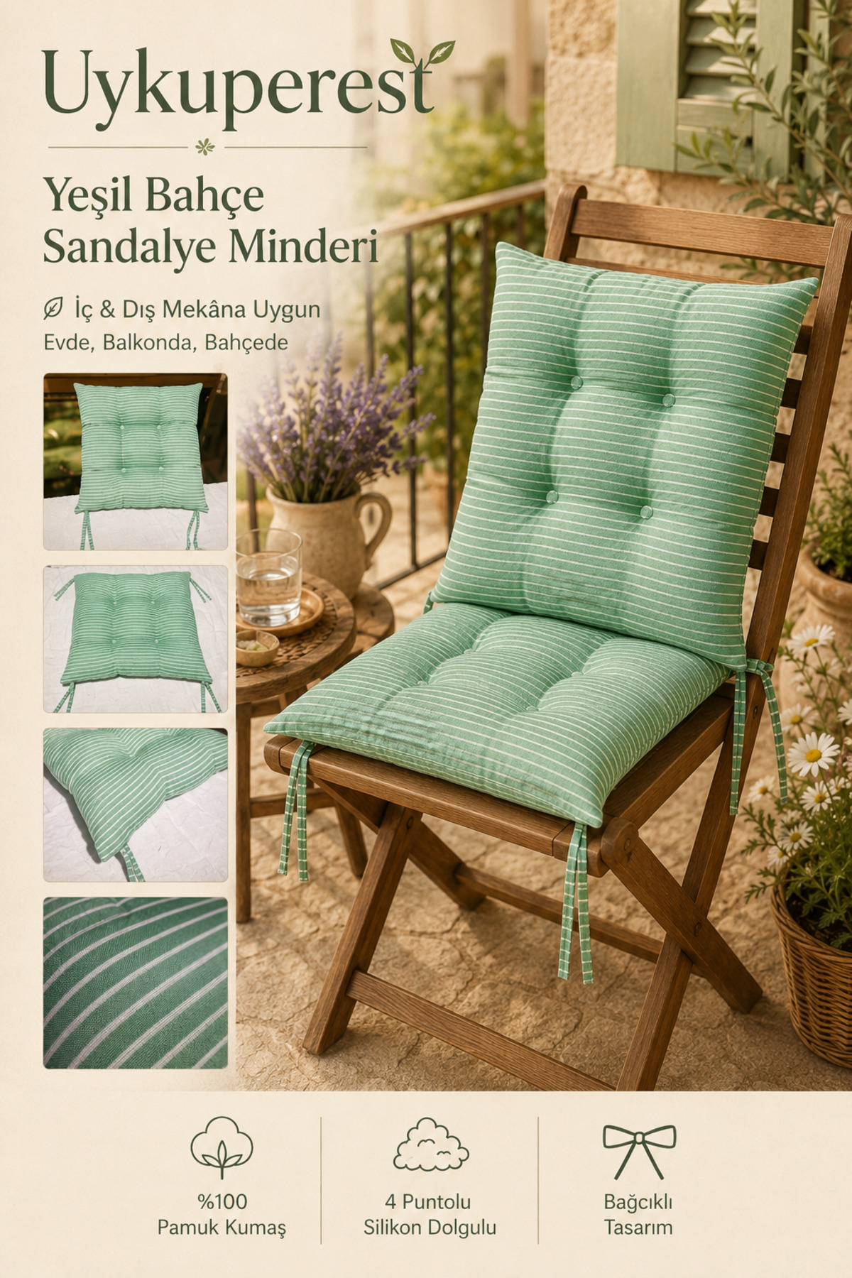 Pastello Pofidik Sandalye Minderi 40x40 Bağcıklı 4 Puntolu Silikon Dolgulu Pamuk Bahçe Balkon Tekli detay