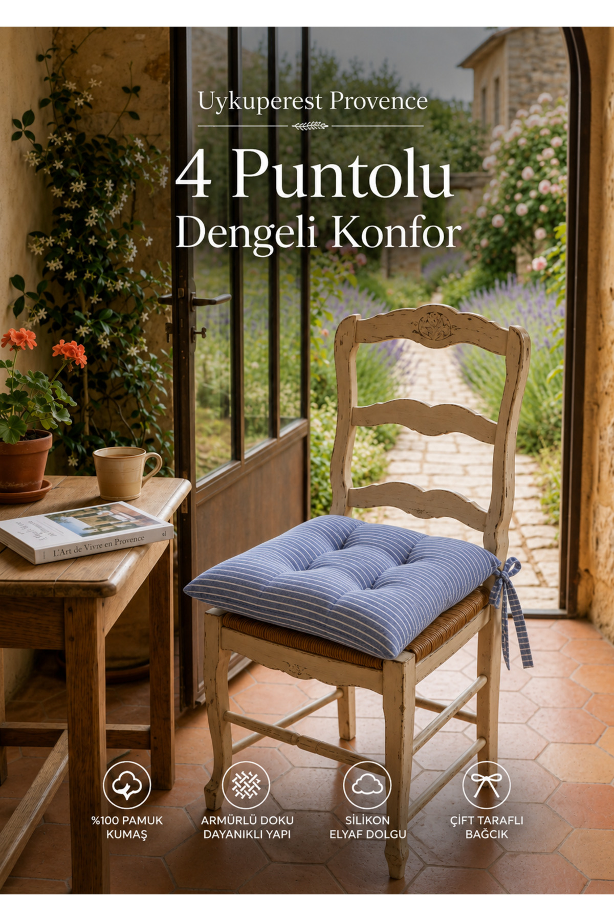 Pastello Pofidik Sandalye Minderi 40x40 Bağcıklı 4 Puntolu Silikon Dolgulu Pamuk Bahçe Balkon Tekli detay