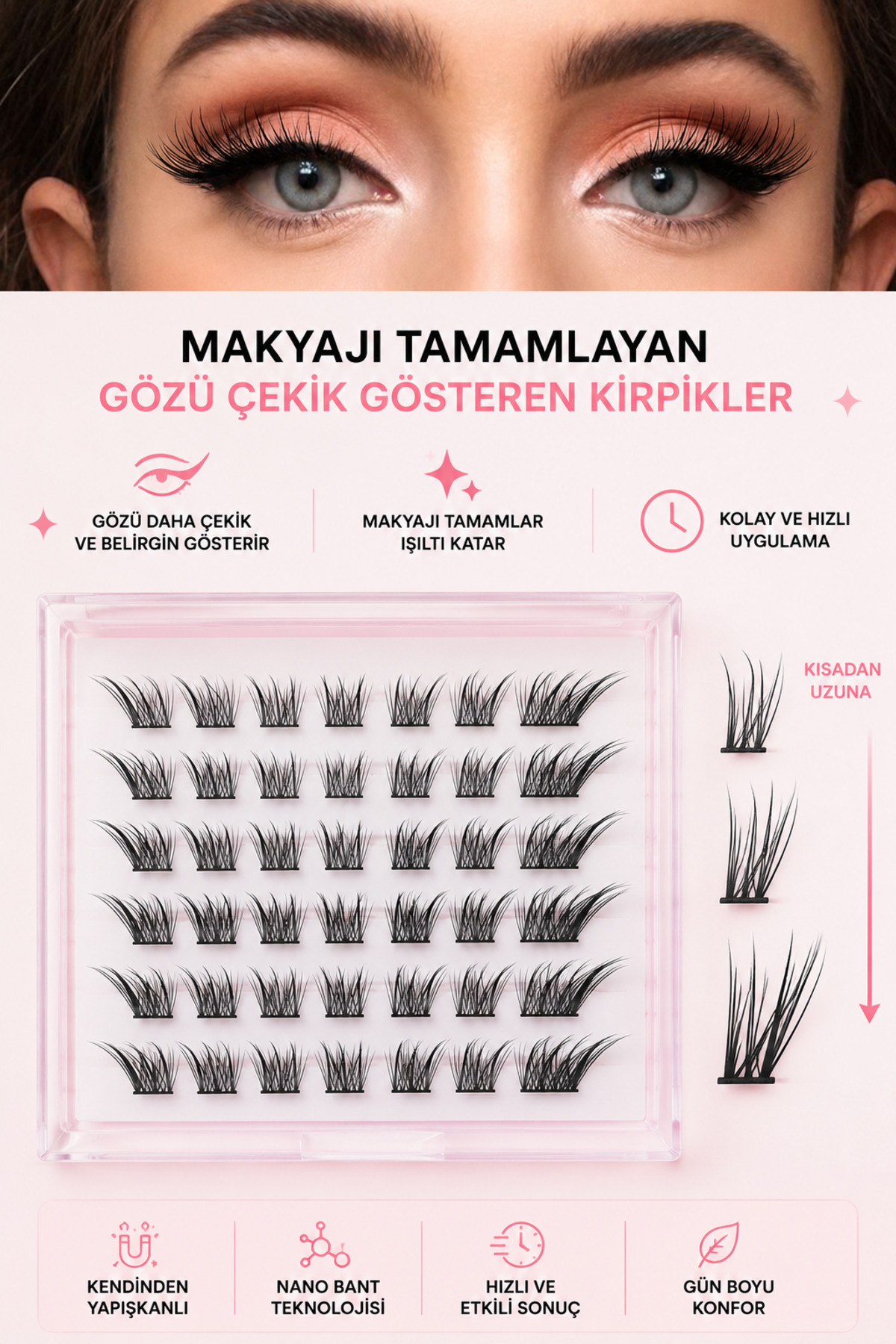 Yapıştırıcısız Kendinden Yapışkanlı Takma Kirpik/ Fox Eye Kısadan Uzu­na Gözü Çekik Gösteren Cat Eye Kirpik Paleti — ALR-GLUEEFREEFOXEYE001 — تصویر 8 از 9
