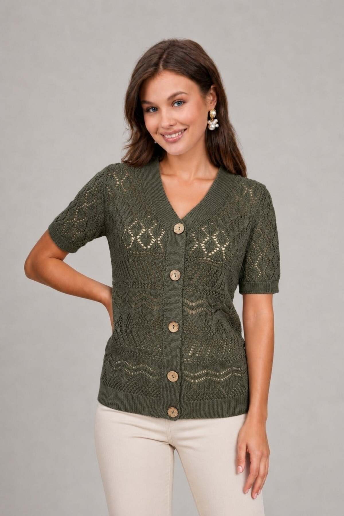 Women's Organic Cotton Wooden Buttoned Short Sleeve Opaque Knitwear Cardigan 7256 Khaki