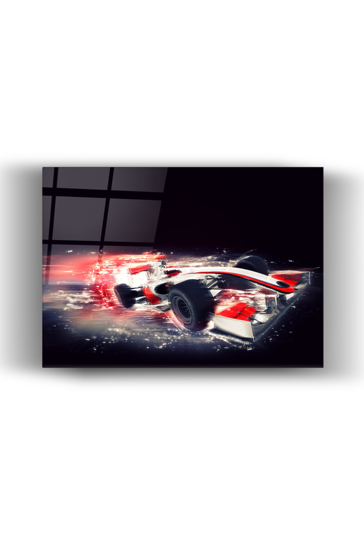 Formula Yarış Arabası Cam Tablo – Kırmızı Beyaz Hız Temalı Modern Duvar Dekoru