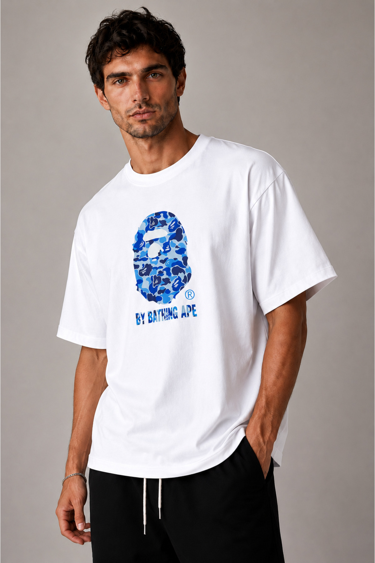 THE RULE Unisex Bathing Ape Mavi Baskılı Oversize %100 Pamuk Geniş Kesim Dokulu Bisiklet Yaka Beyaz T-Shirt görsel 2