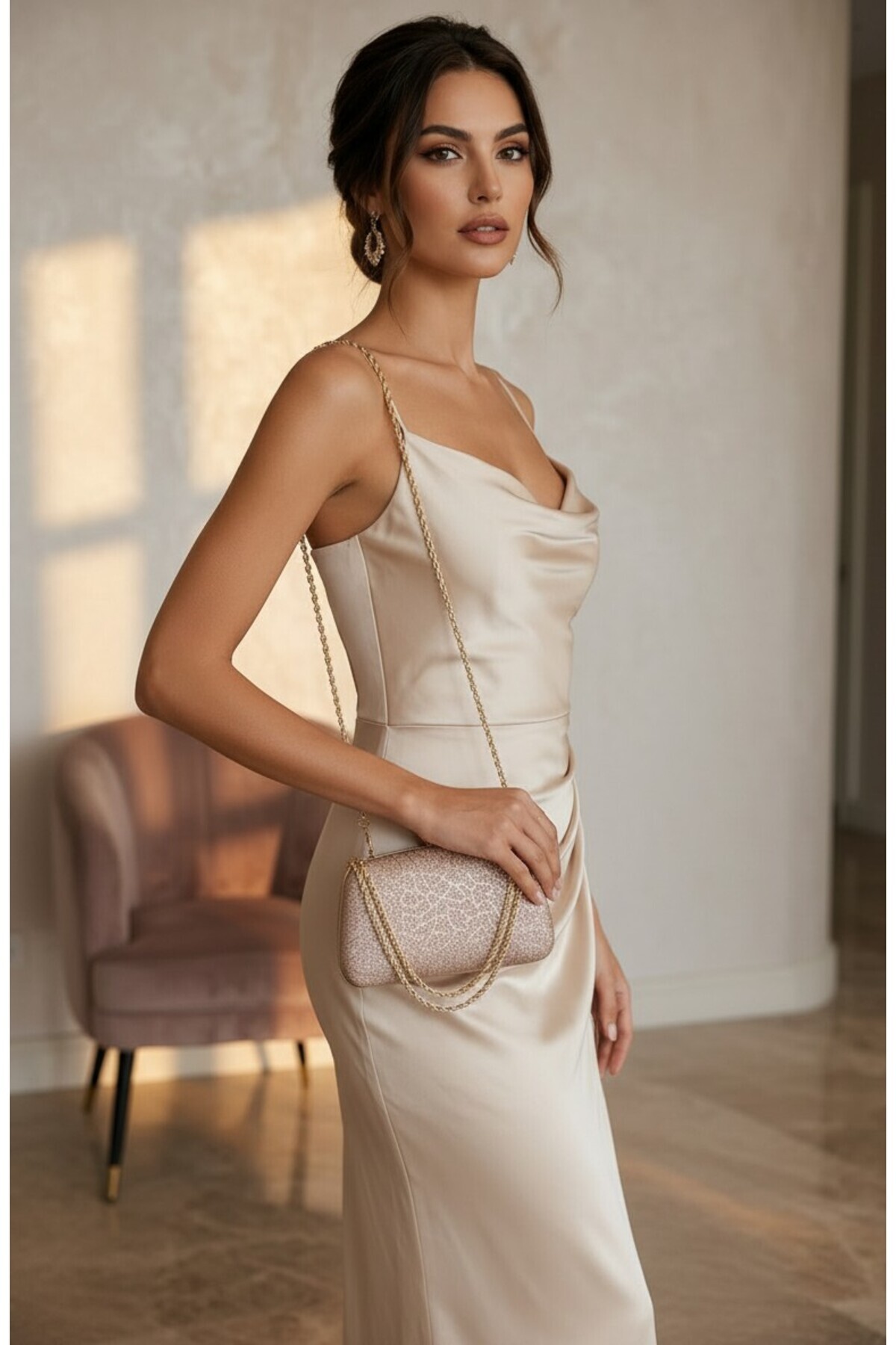 Dilora Kadın Rose Gold Dokulu Simli Abiye Çanta Kristal Taş Tokalı Gold Zincir Askılı Gece Davet Clutch El ve Omuz Çantası görsel 8