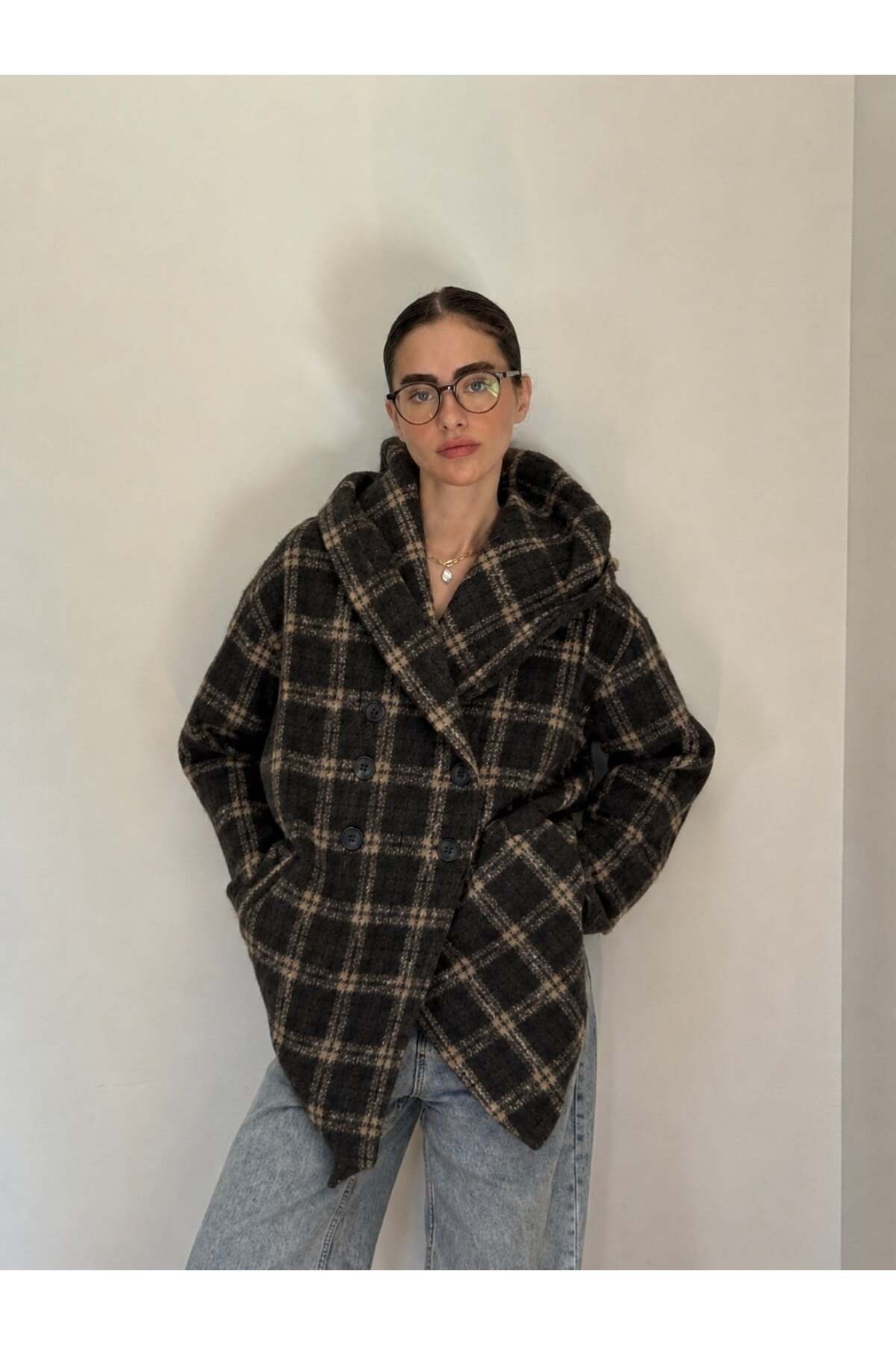 Retrobird Urban Retro Kapüşonlu Oversize Ceket Kaban Kadın Koyu Kahve görsel 4