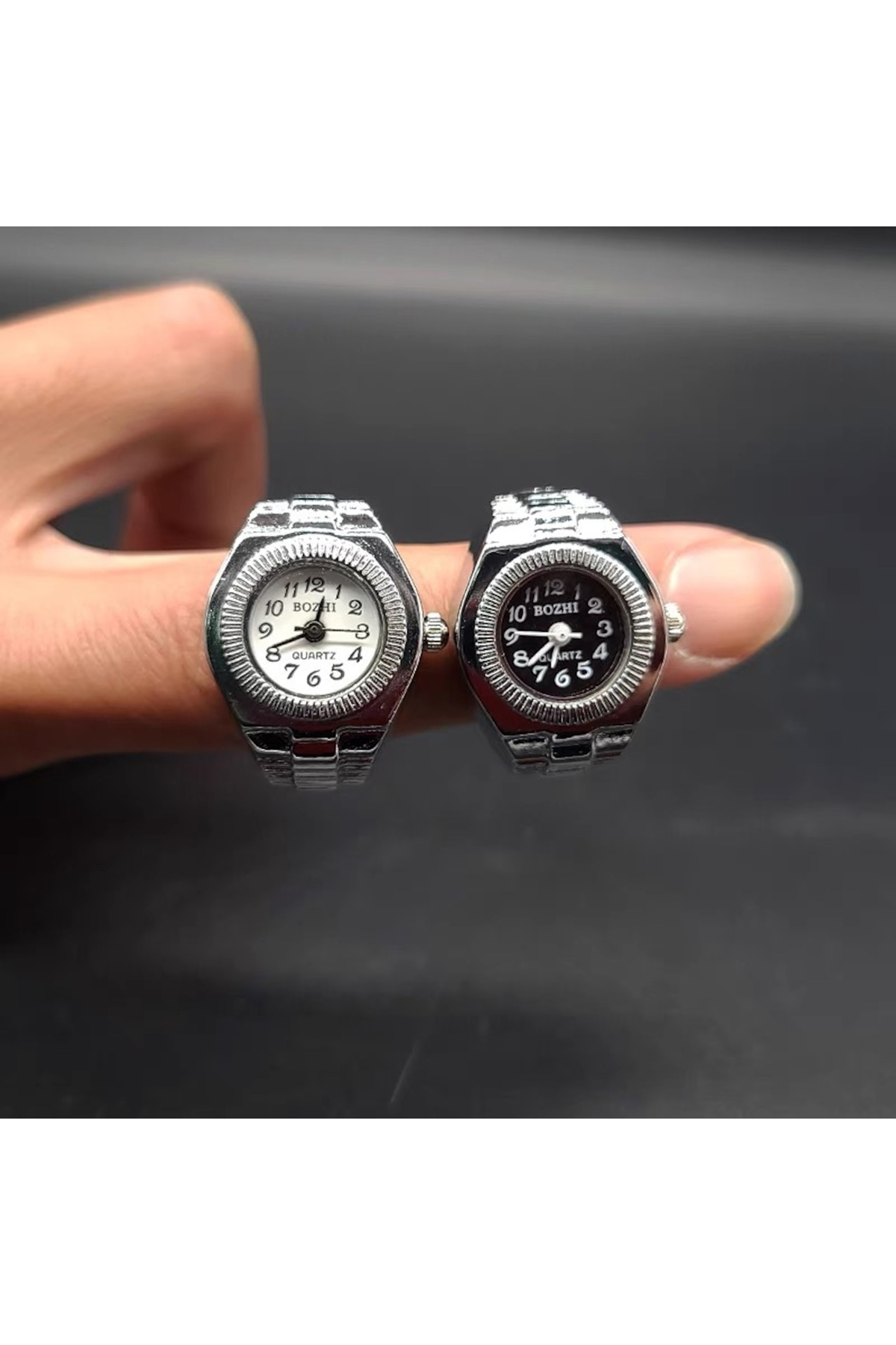 Bozhi Mini Parmak Yüzük Saat, Kuvars Analog Metal Kordon Unisex (Siyah & Beyaz Kadran) görsel 7