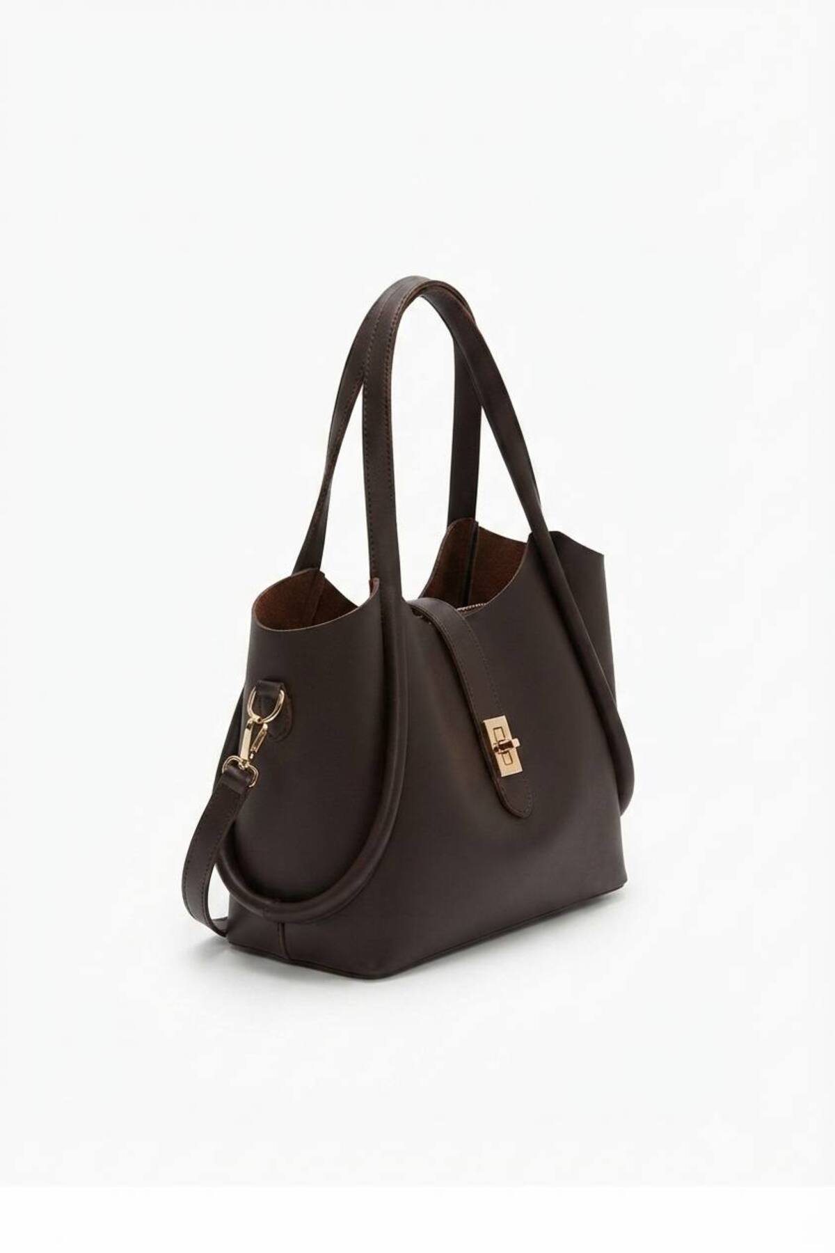 Dark Brown SİMSON Women's Handbag and Crossbody Bag with Lock Detail and Makeup Pouch görünüm 6