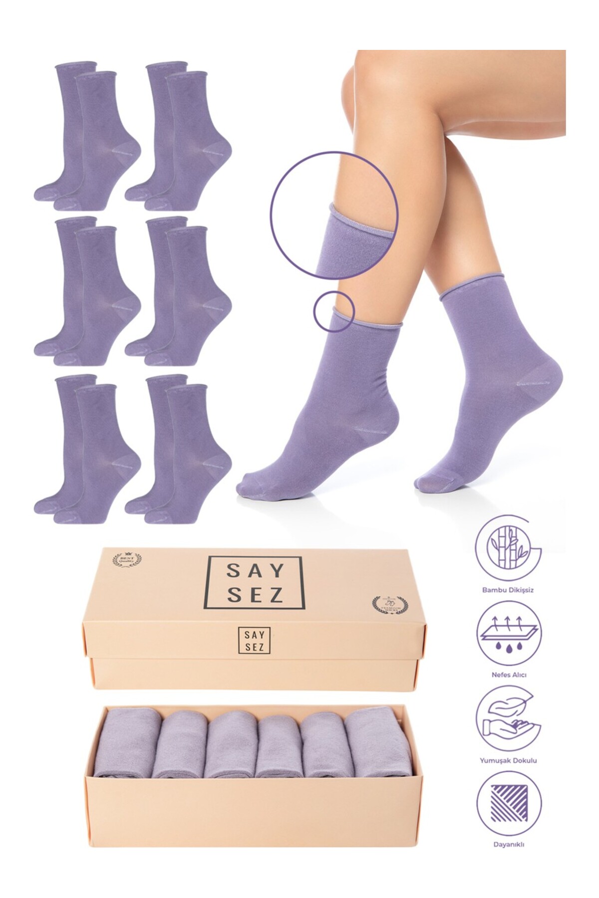Lilac Color Bamboo Women's Rubberless Socket Seamless Premium Socks Boxed 6-Pack / Trace Free Socks