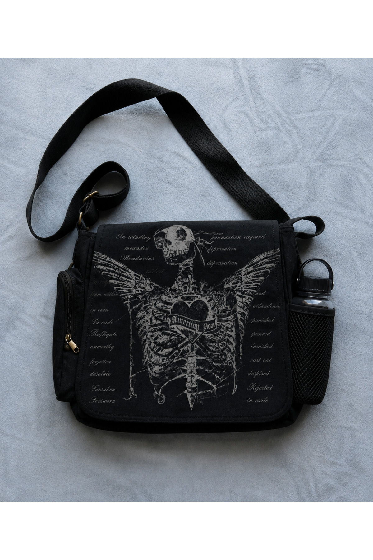 DEEFWEAR Skeleton Baskılı Unisex Siyah Messenger Bag Hacimli Postacı Çanta/ Laptop Çantası/ Okul Çantası
