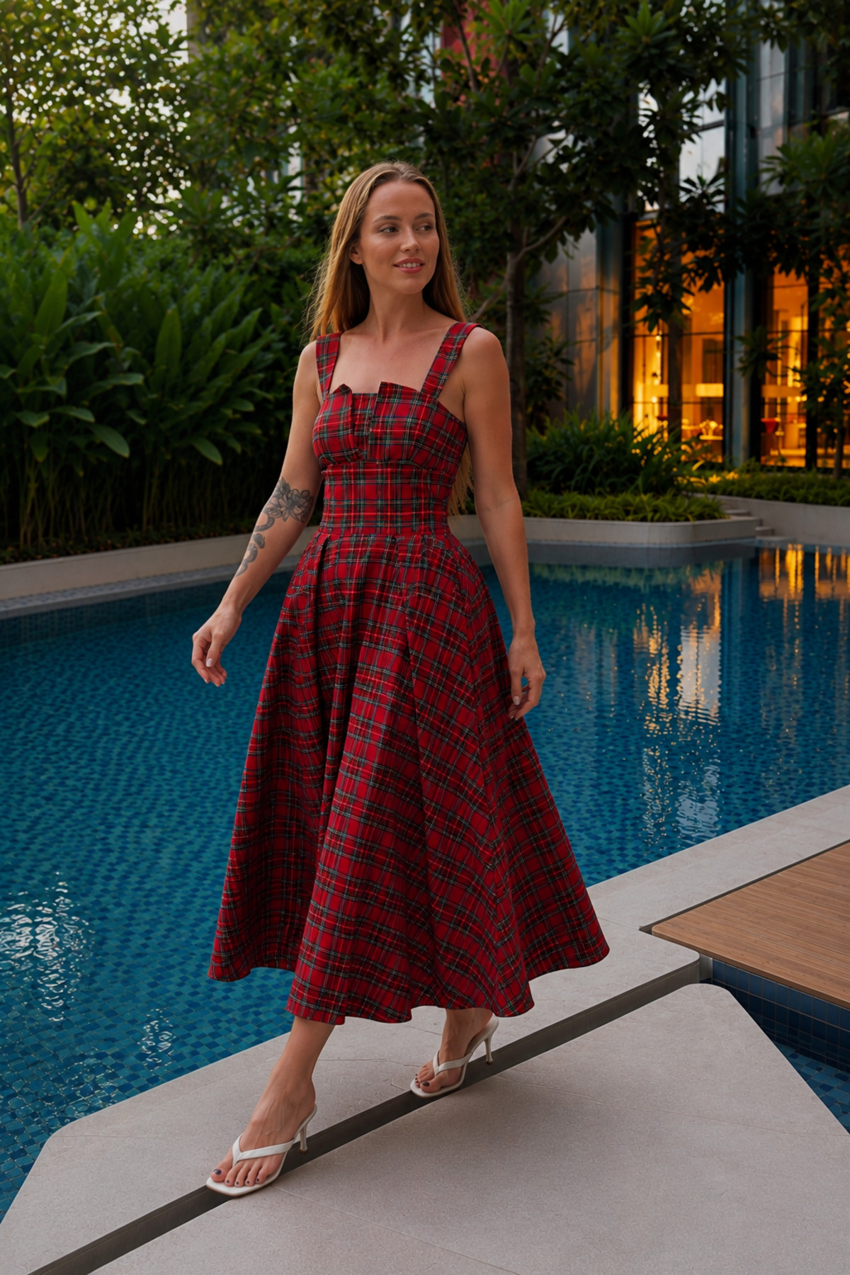 LADYA COLLECTION Red Plaid A-Line Mid-Length Square Neck Cotton Dress