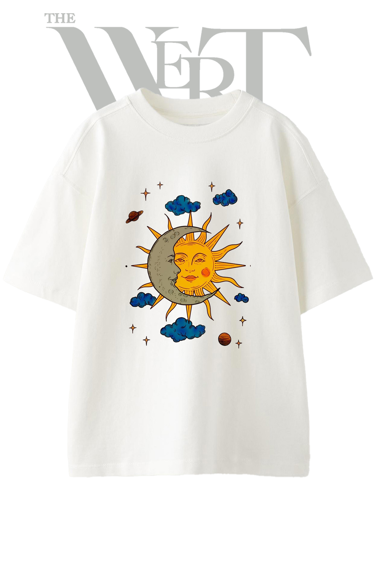 THEWERT Sun Moon Design Printed Unisex White Oversize T-Shirt