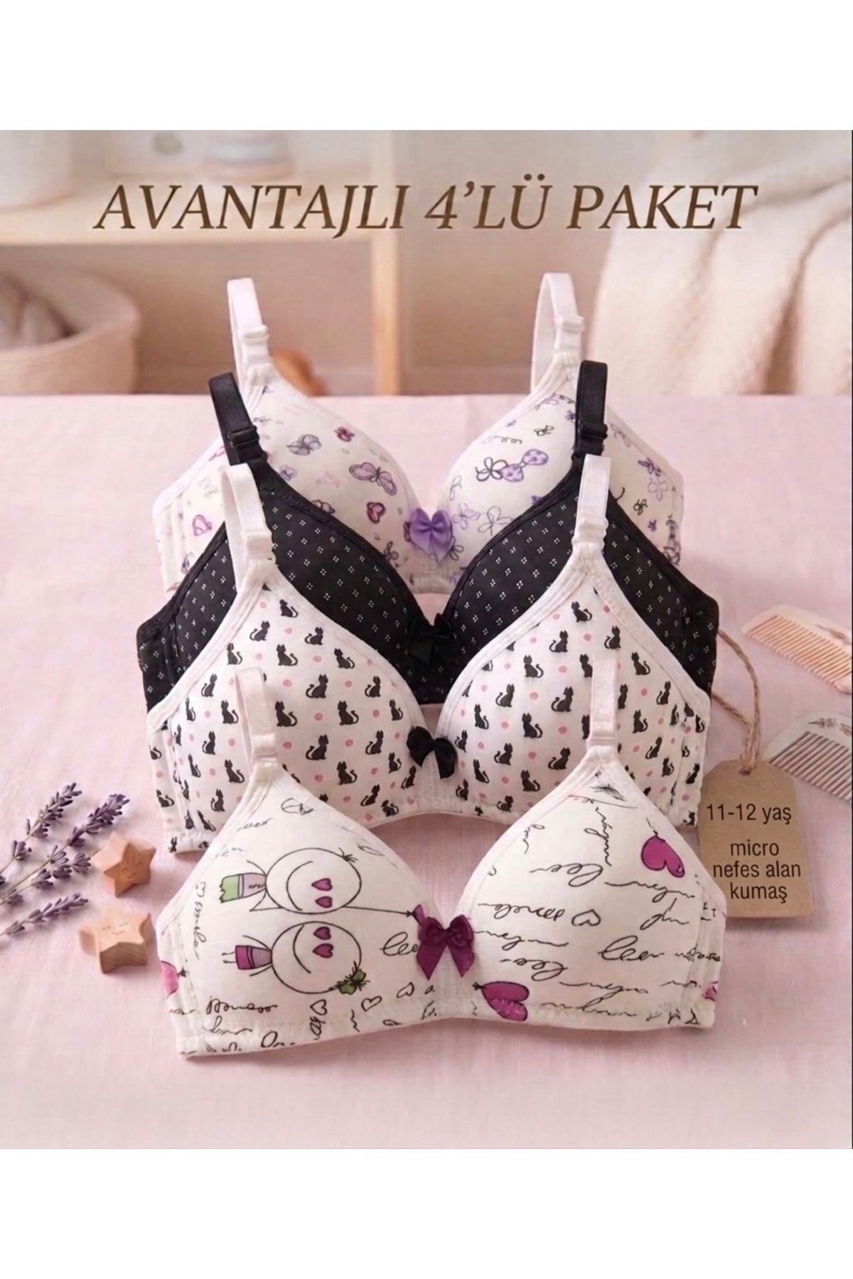 Lavint Homewear 4’lü Ekonomik Paket Kız Çocuk Micro Alıştırma Sütyeni Balensiz Çıkarılabilir Askılı
