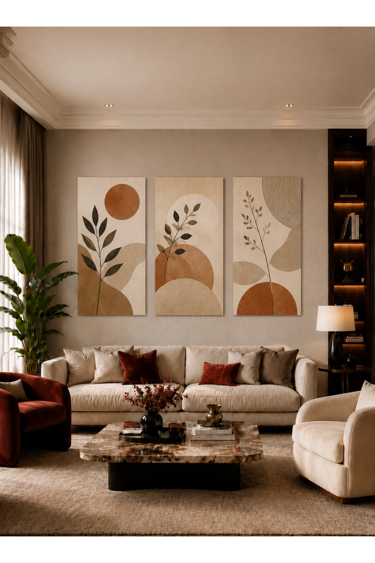 3 Parça MDF Botanik Soyut Geometrik Tablo Seti Modern Bej Minimalist Duvar Dekoru Salon Tablosu
