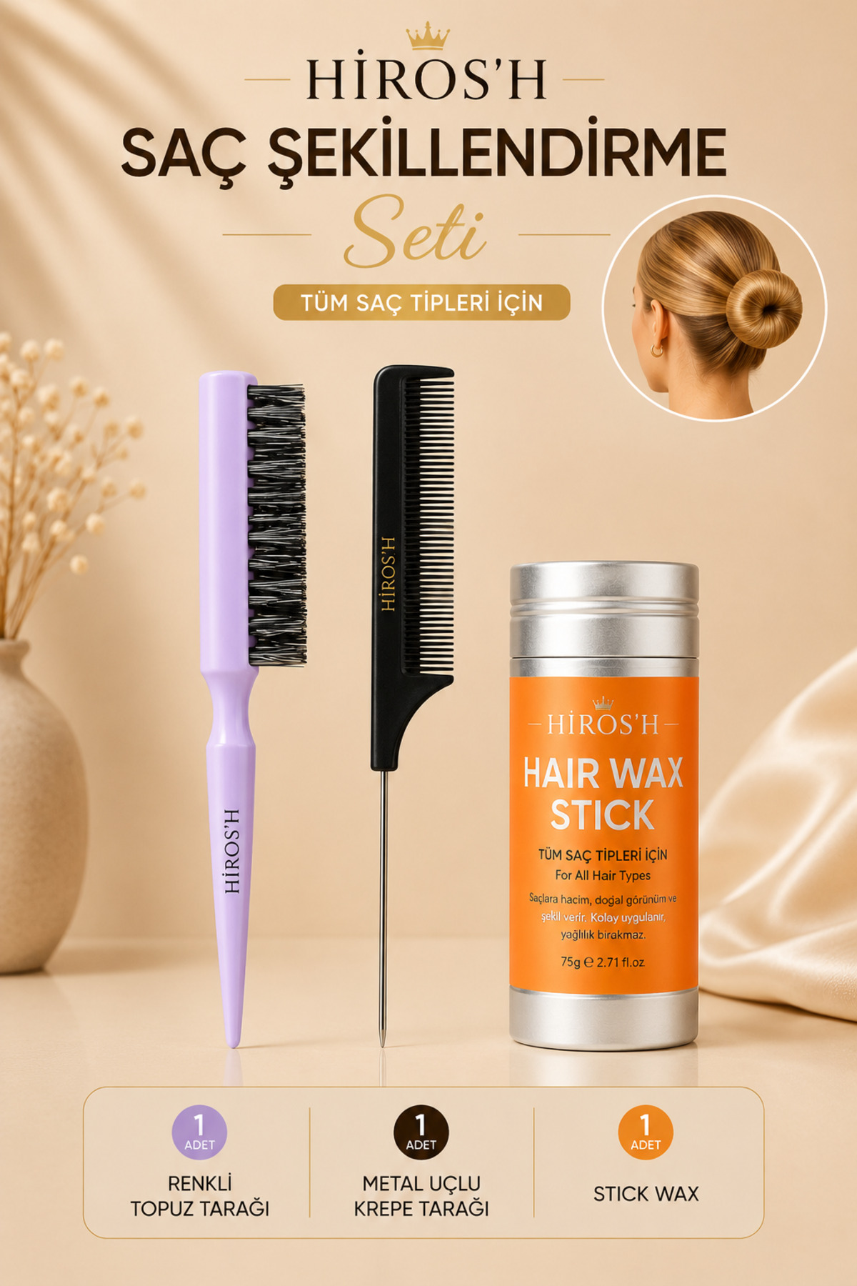 Profesyonel Topuz Fırçası Renkli Stick Wax ve Metal Uçlu Krepe Tarak Seti 3'lü Set — رنگارنگ HRSH Stick wax-topux-krepe — تصویر 2 از 5