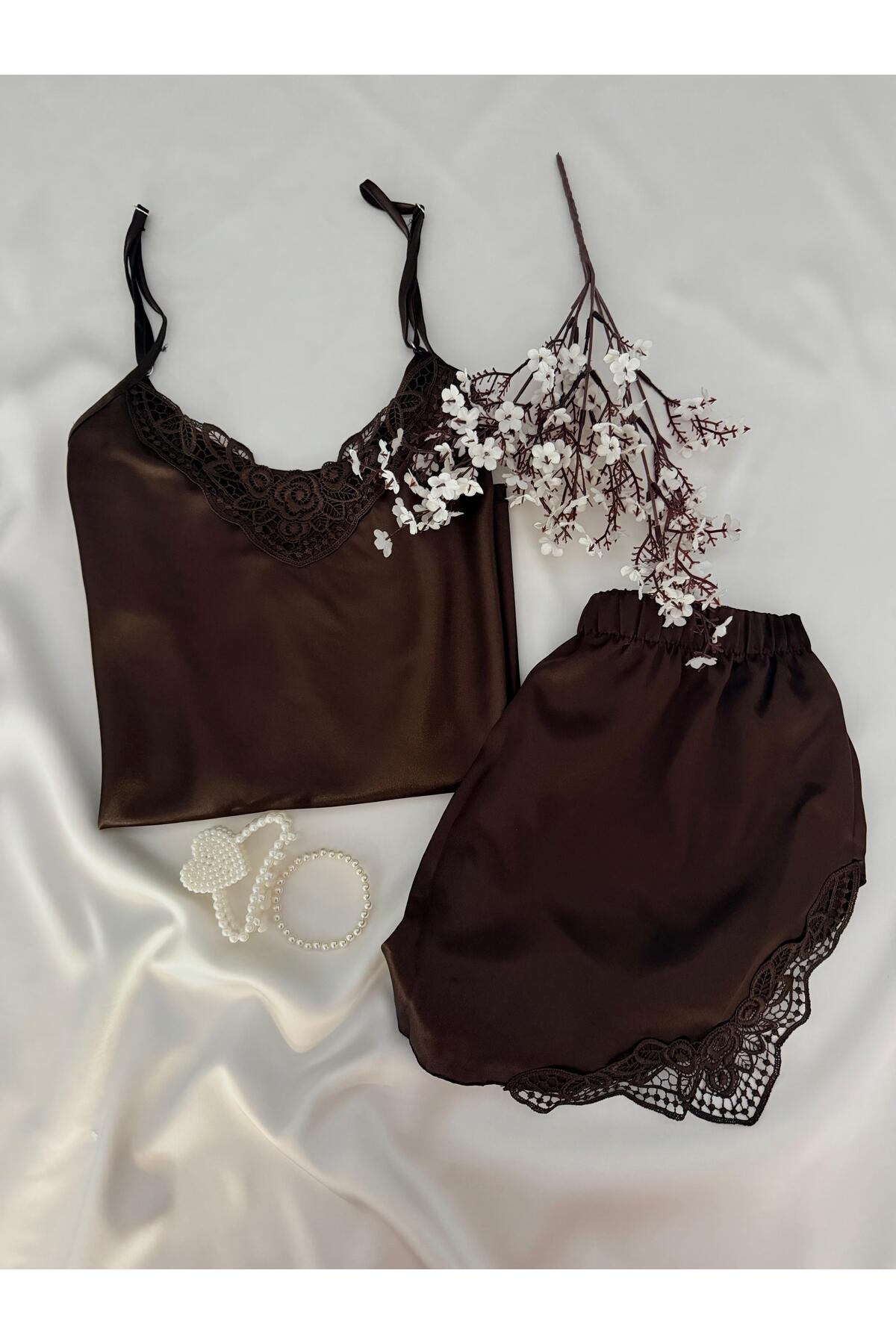 MH Moony Homewears Kahverengi Lüks Saten Şortlu Pijama Takımı